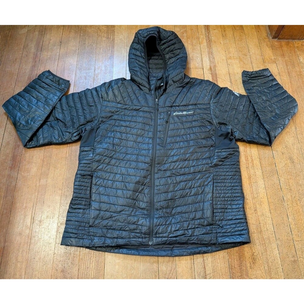 Eddie Bauer Men’s XL Black Microtherm Down Hooded Puffer Jacket Zip First Ascent